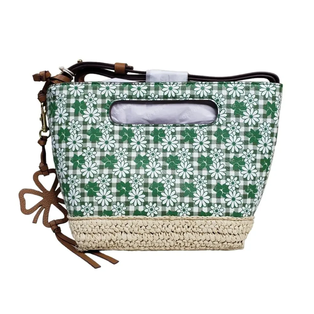 LUCKY BRAND Azon Leather/Raffia Crossbody Bag Green Tan NEW - Picture 5 of 10
